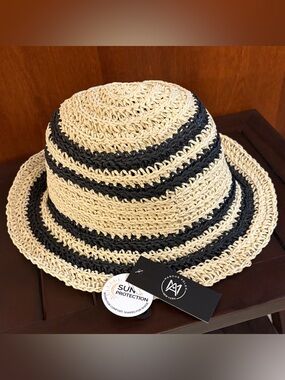 New Marcus Adler Raffia Sun Hat in Natural and Black Stripes
